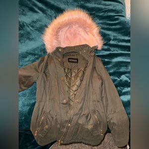 Army green with pink fur hood jacket.